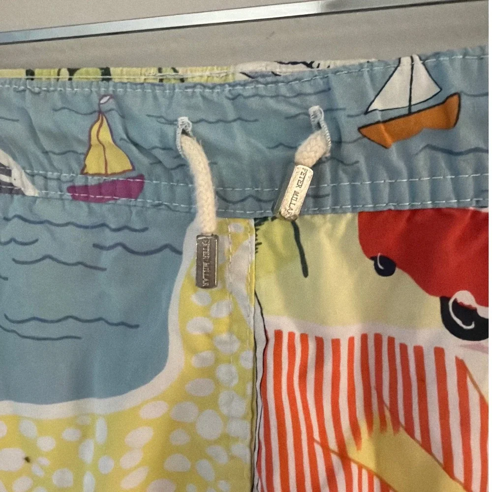 Peter Millar Men Large Swim Trunk VW Bus Beach Scene Multicolor Nylon Mesh Lined